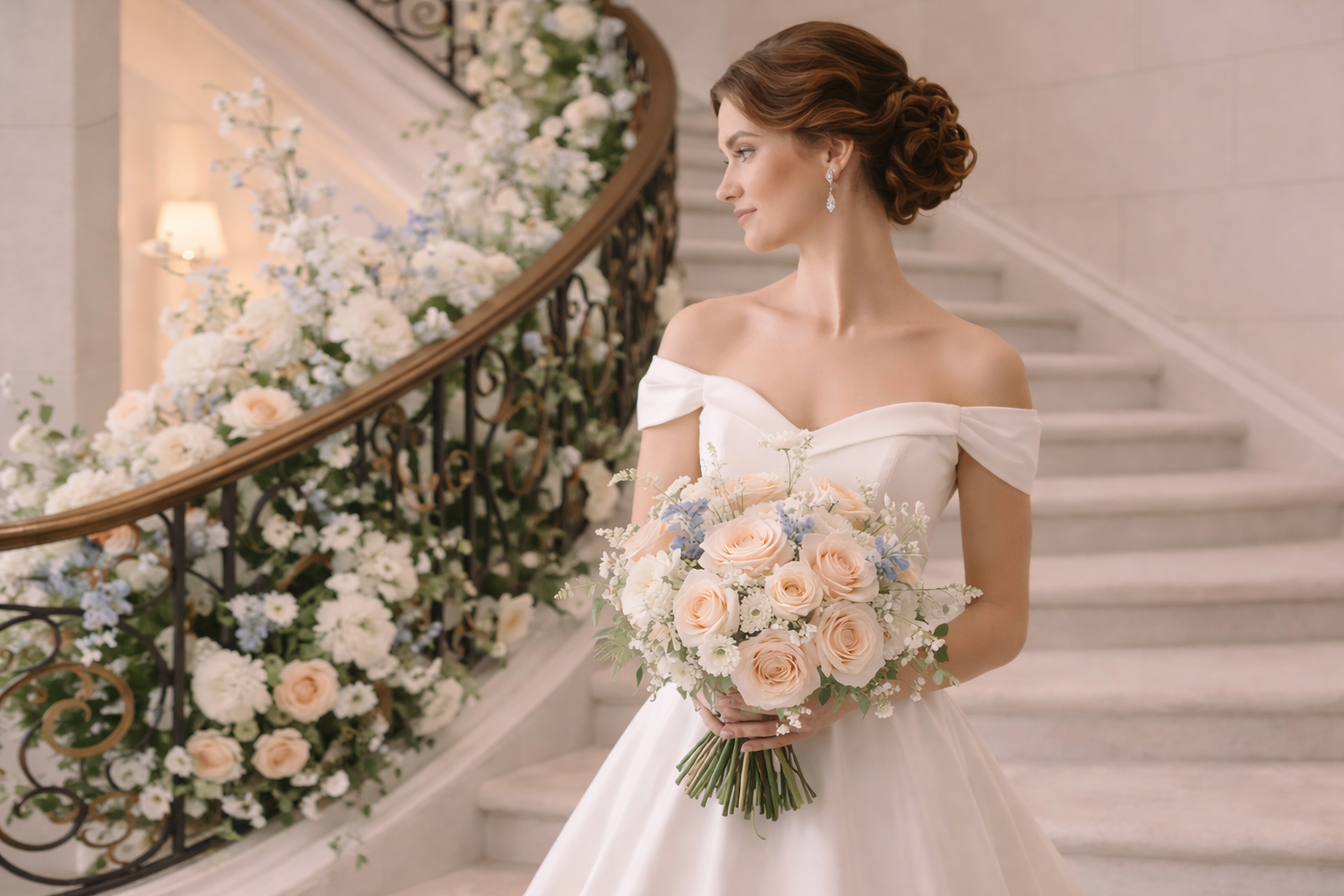 Bride with bouquet on staircase